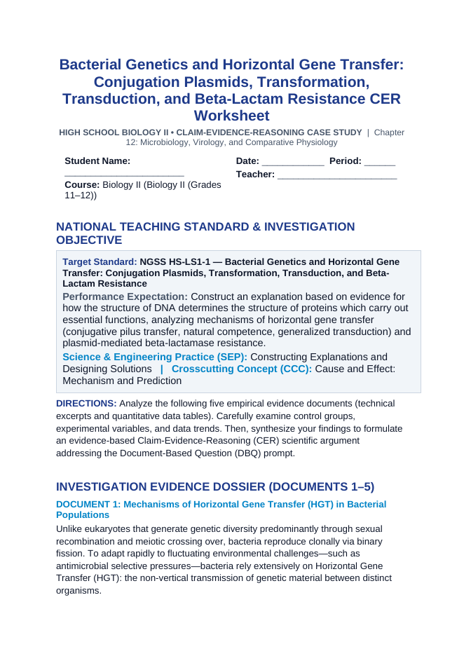 Bacterial Genetics and Horizontal Gene Transfer: Conjugation Plasmids, Transformation, Transduction, and Beta-Lactam Resistance CER Phenomena Worksheet sample page