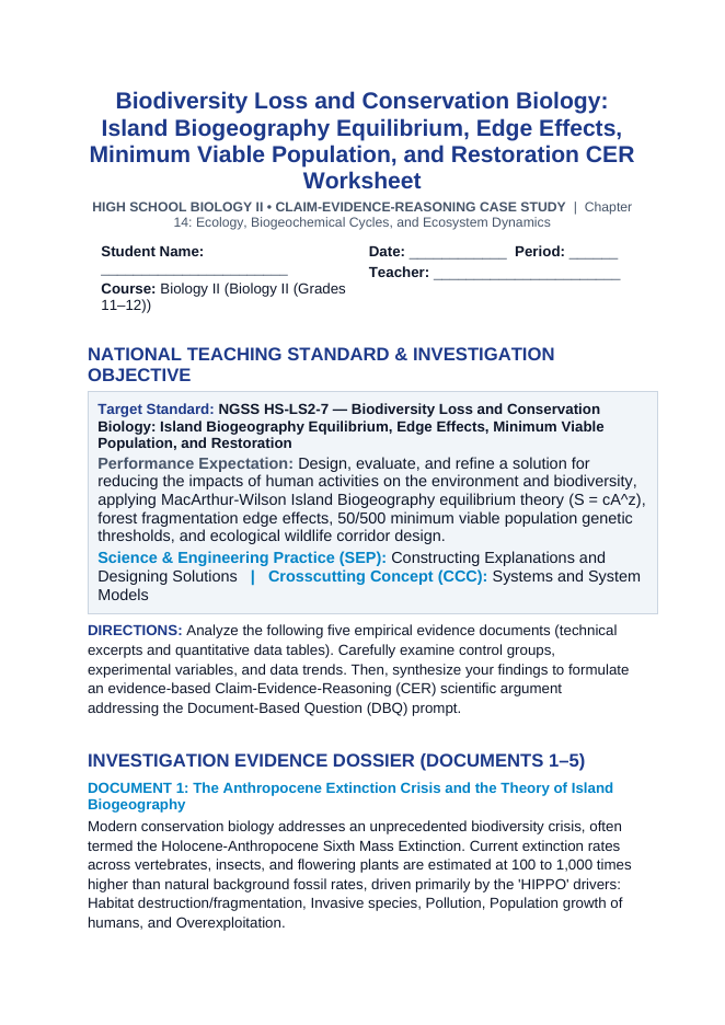 Biodiversity Loss and Conservation Biology: Island Biogeography Equilibrium, Edge Effects, Minimum Viable Population, and Restoration CER Phenomena Worksheet sample page