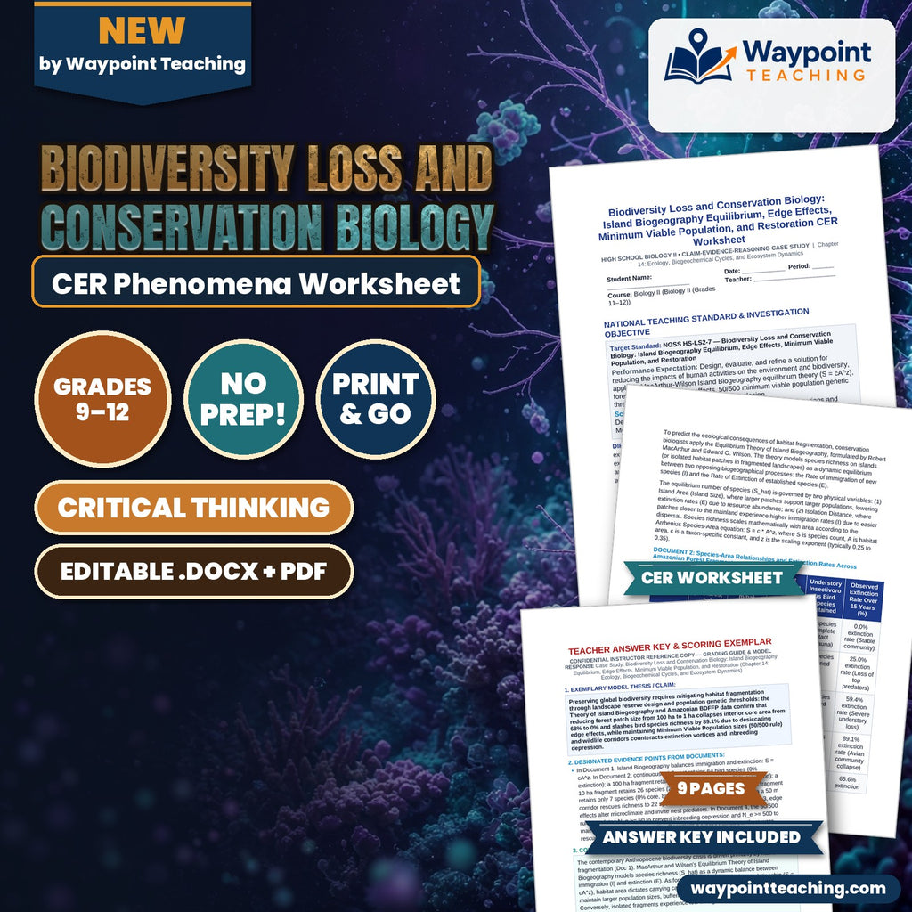 Biodiversity Loss and Conservation Biology: Island Biogeography Equilibrium, Edge Effects, Minimum Viable Population, and Restoration CER Phenomena Worksheet cover