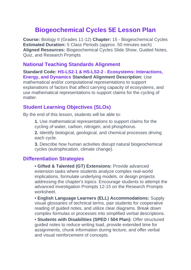 Biogeochemical Cycles 5E Lesson Plan sample page