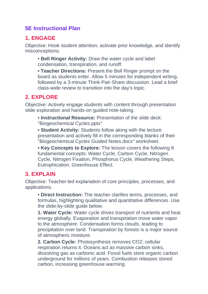 Biogeochemical Cycles 5E Lesson Plan sample page
