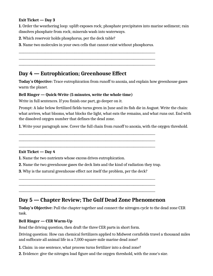 Biogeochemical Cycles Bell Ringers & Exit Tickets sample page