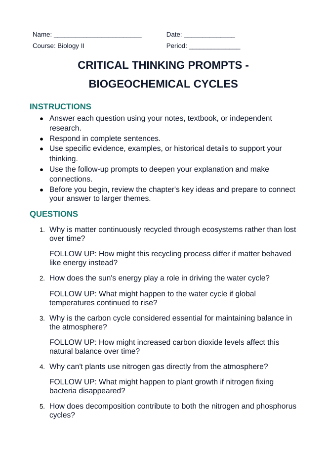 Biogeochemical Cycles Critical Thinking Prompts sample page