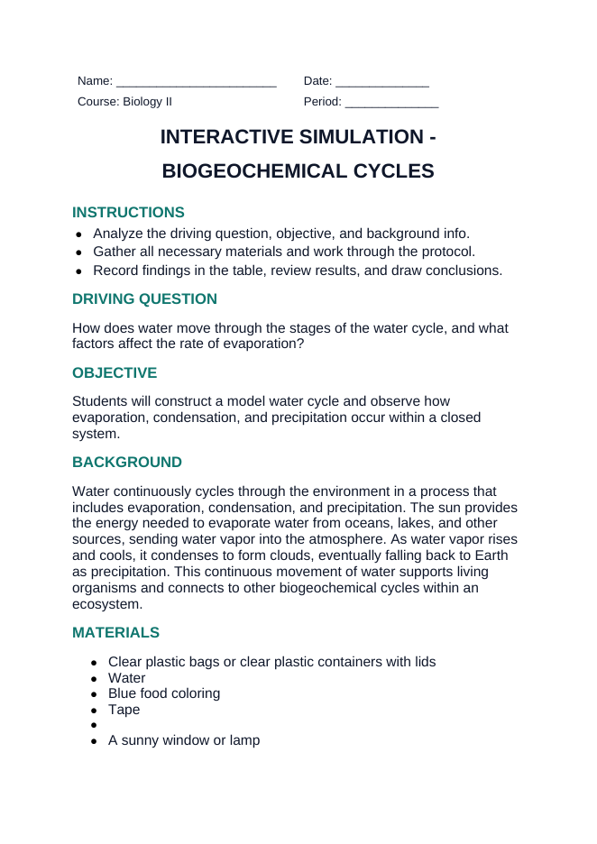 Biogeochemical Cycles Interactive Simulation sample page