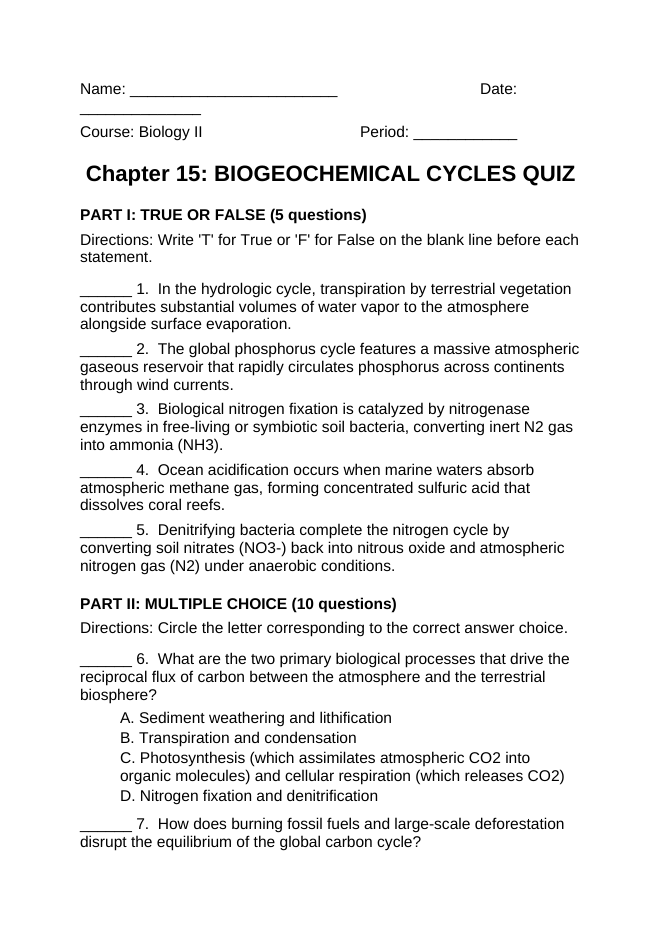 Biogeochemical Cycles Lesson Quiz sample page