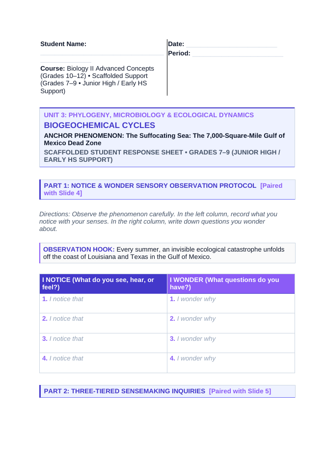 Biogeochemical Cycles Scaffolded Phenomena-Based Lesson: The Suffocating Sea: The 7,000-Square-Mile Gulf of Mexico Dead Zone Student Response Sheet sample page