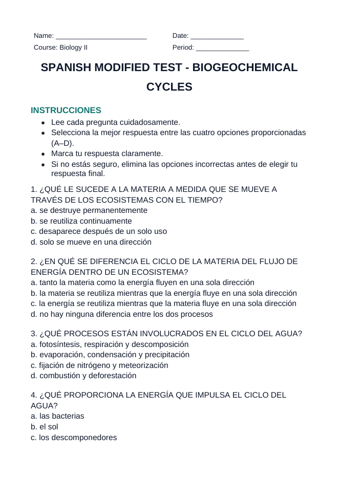 Biogeochemical Cycles Spanish Unit Test sample page