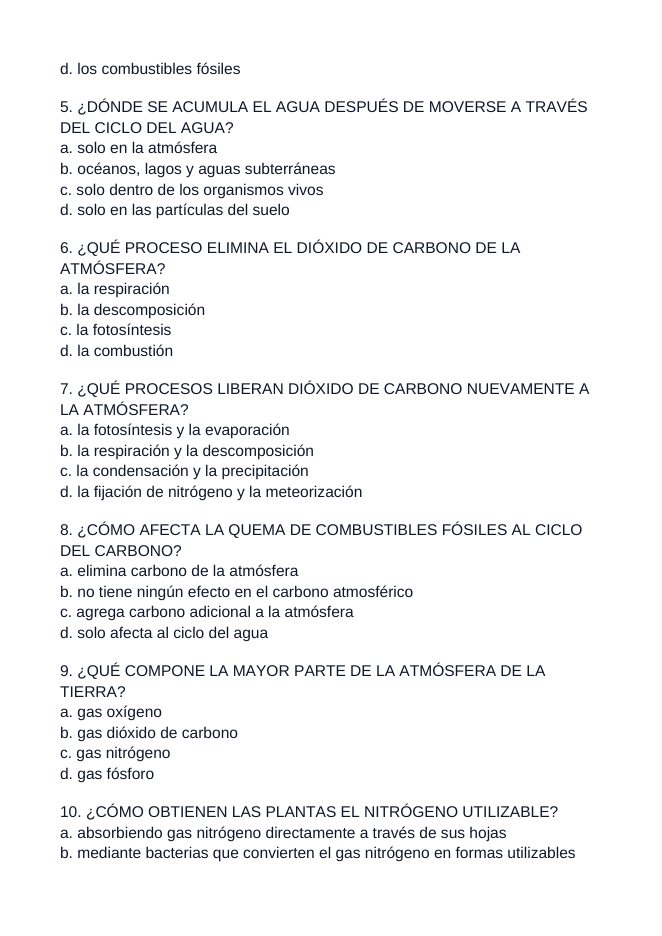 Biogeochemical Cycles Spanish Unit Test sample page