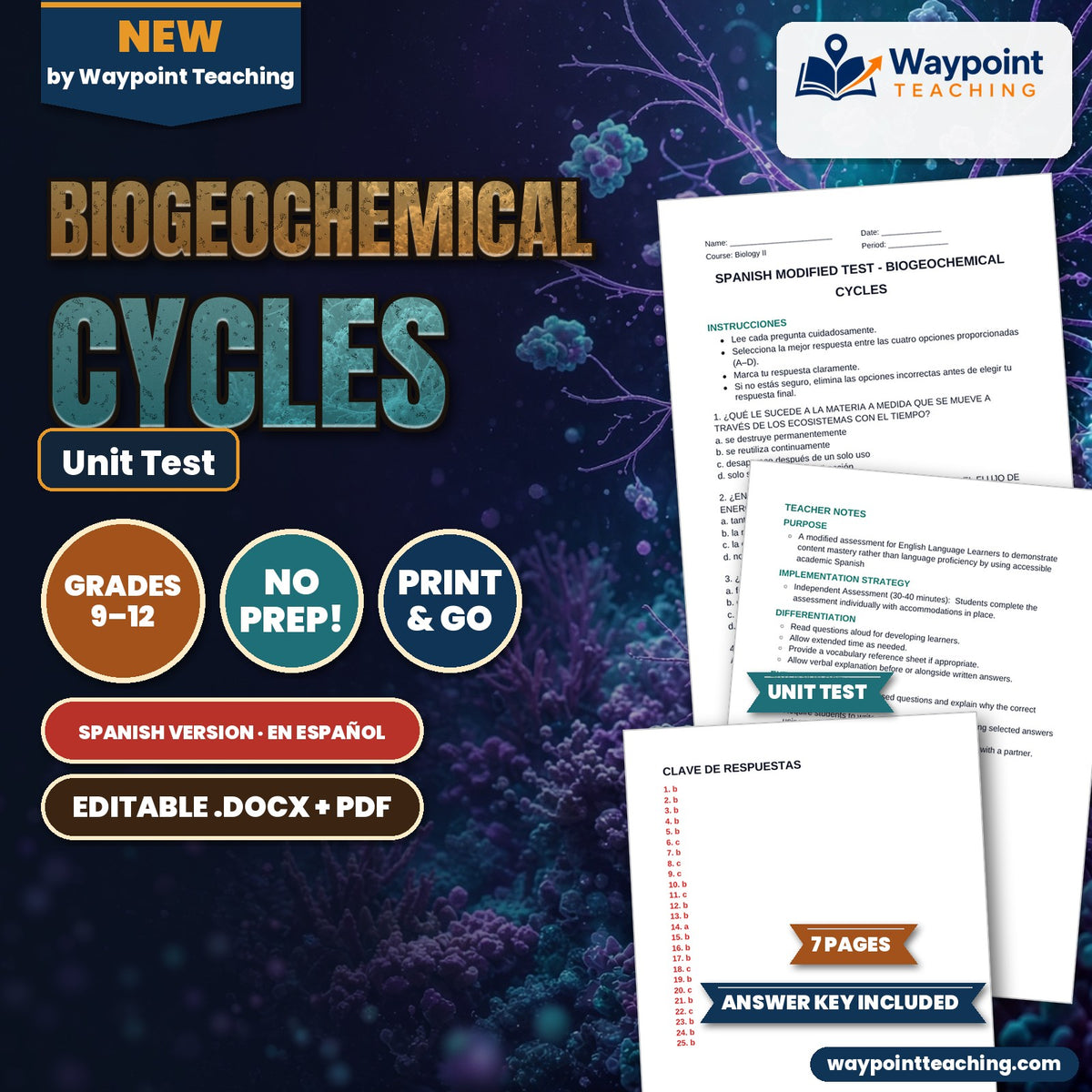 Biogeochemical Cycles Spanish Unit Test cover