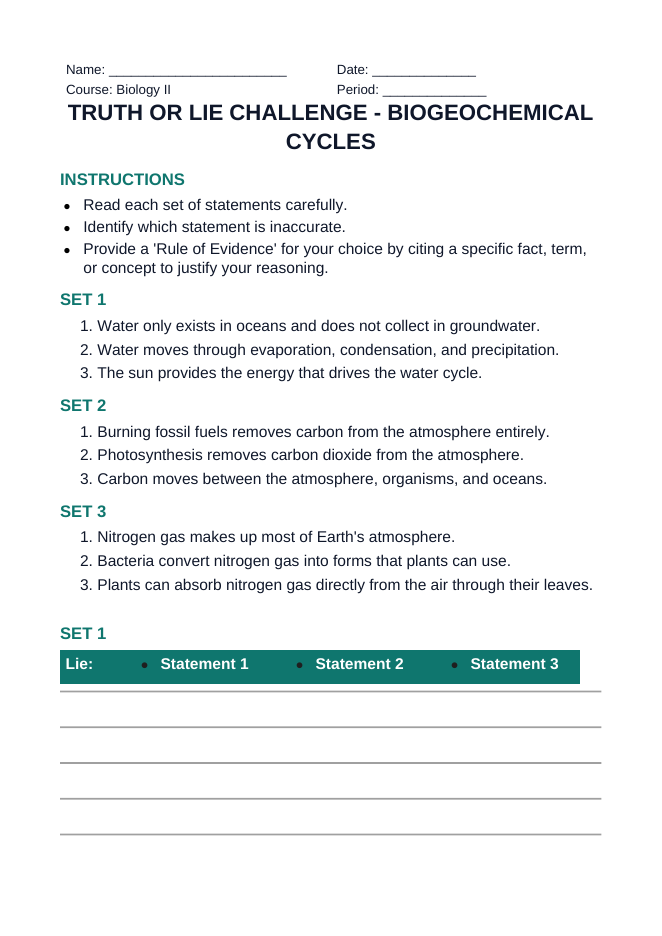 Biogeochemical Cycles Truth or Lie Challenge sample page