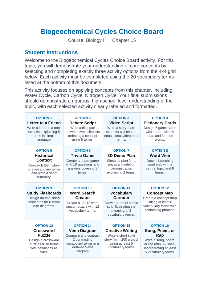 Biogeochemical Cycles Vocabulary Choice Board sample page