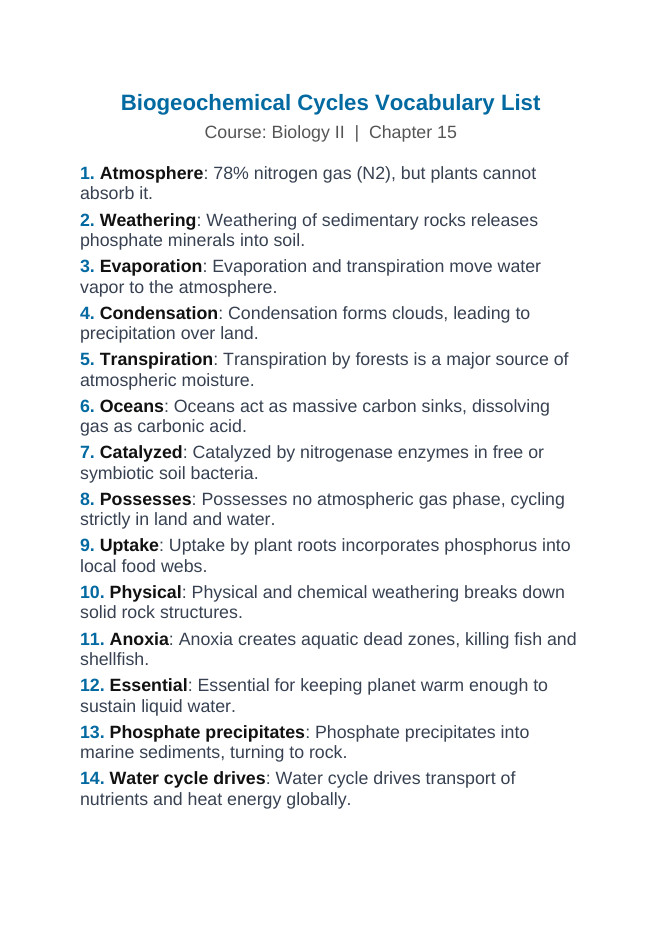 Biogeochemical Cycles Vocabulary Words & Definitions sample page