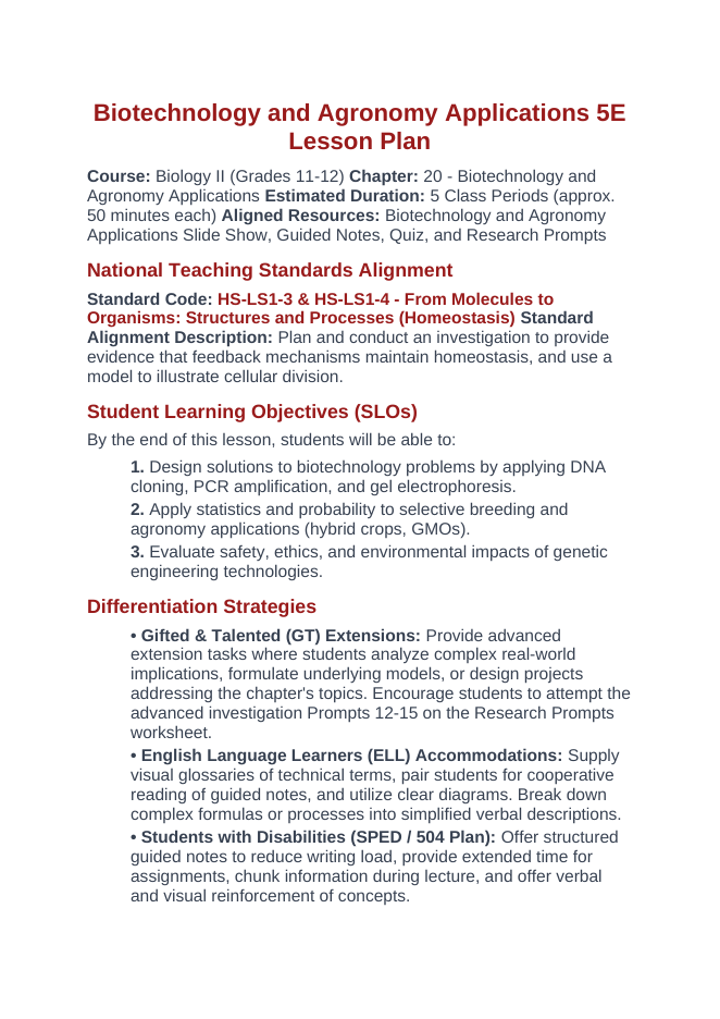 Biotechnology & Agronomy Applications 5E Lesson Plan sample page