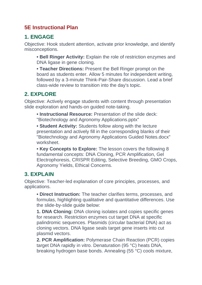 Biotechnology & Agronomy Applications 5E Lesson Plan sample page