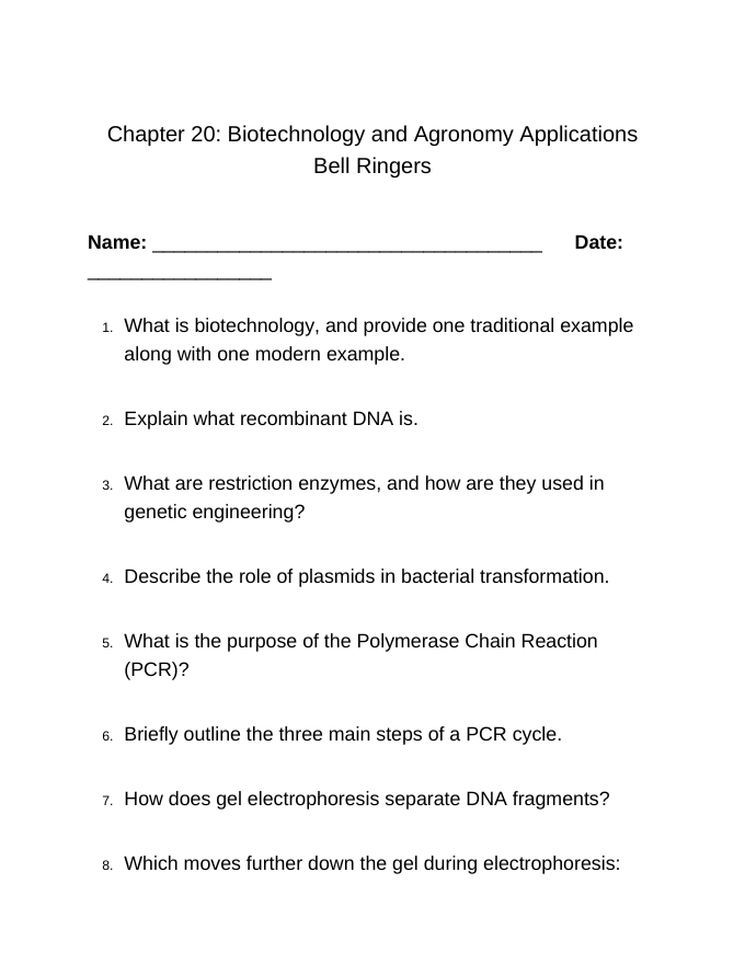 Biotechnology & Agronomy Applications Bell Ringers & Exit Tickets sample page