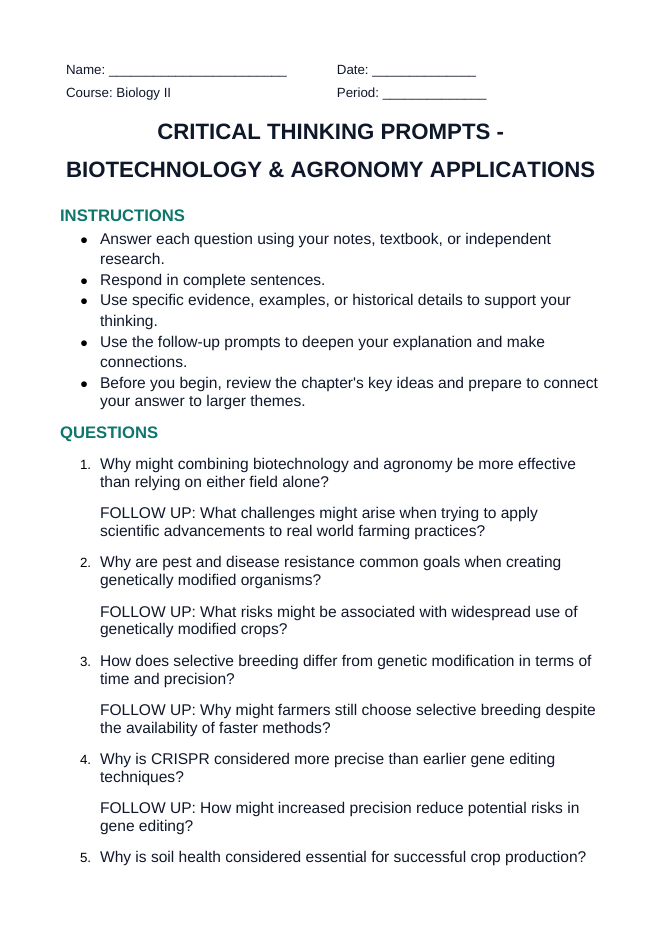 Biotechnology & Agronomy Applications Critical Thinking Prompts sample page