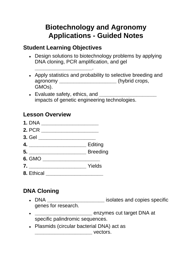 Biotechnology & Agronomy Applications Guided Notes sample page