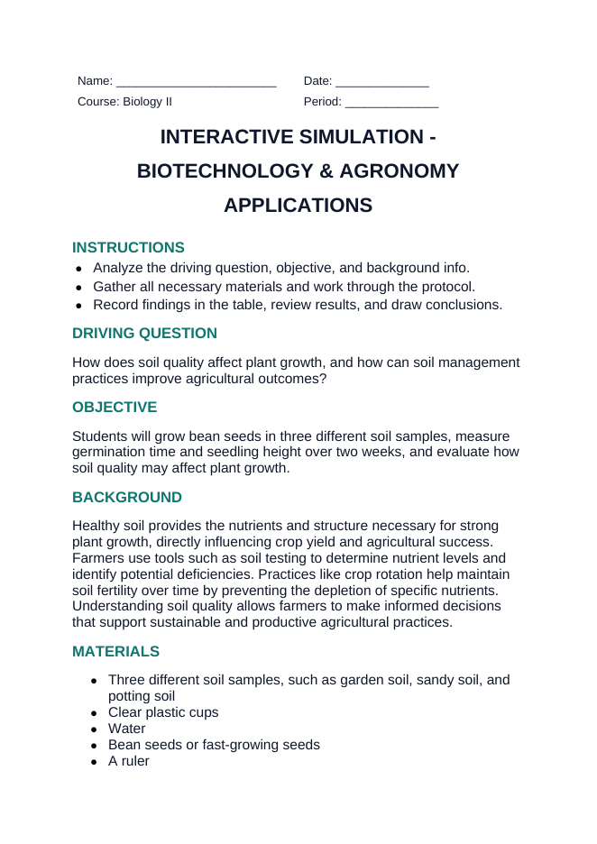 Biotechnology & Agronomy Applications Interactive Simulation sample page