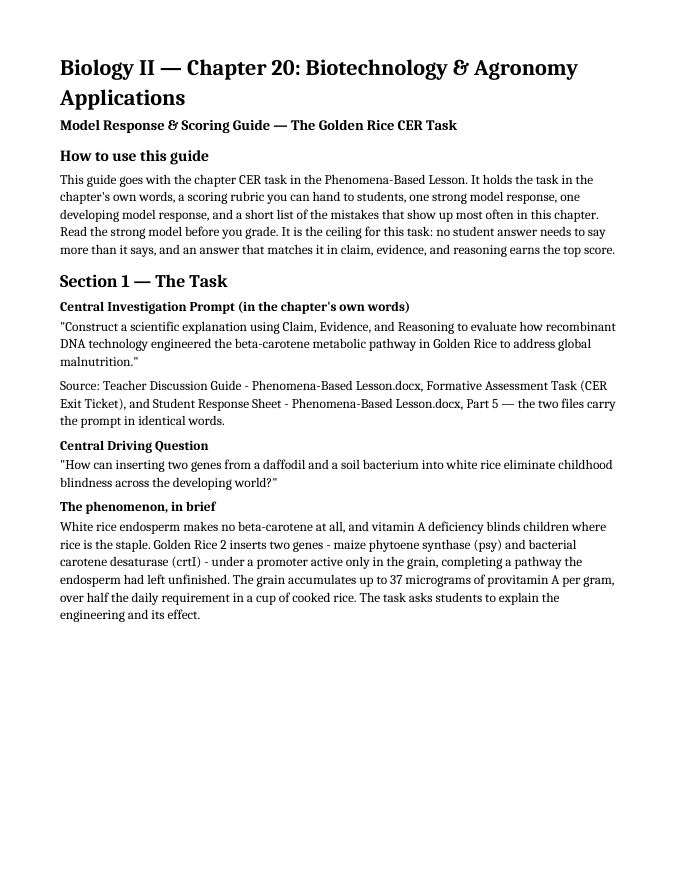 Biotechnology & Agronomy Applications Model Response & Scoring Guide sample page