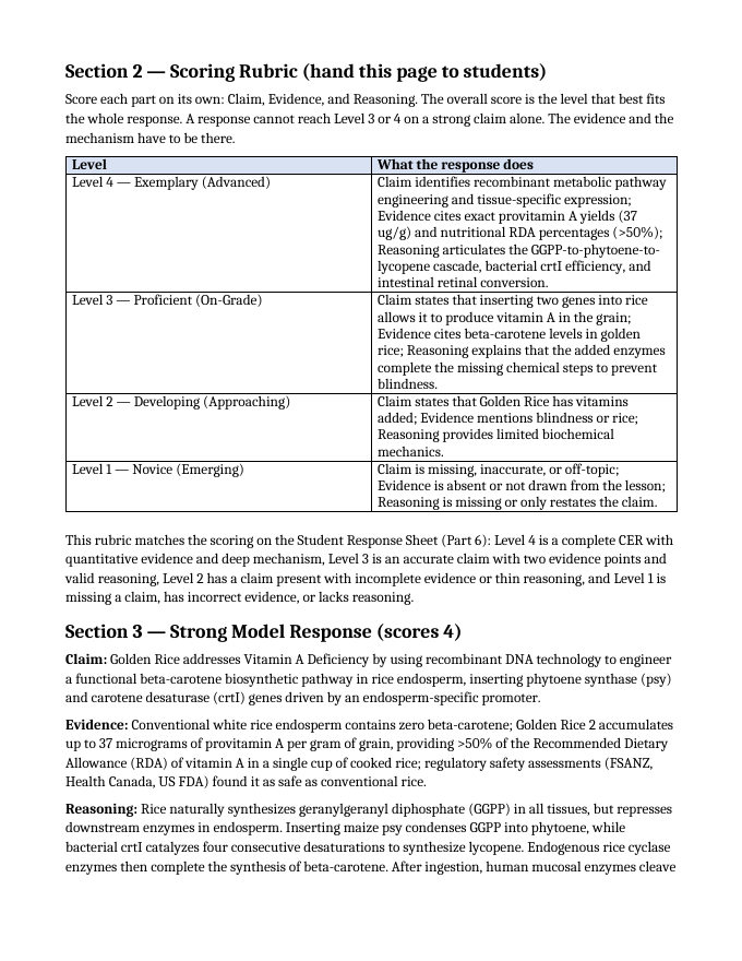 Biotechnology & Agronomy Applications Model Response & Scoring Guide sample page