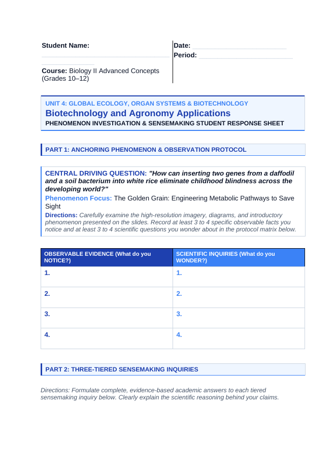 Biotechnology & Agronomy Applications Phenomena-Based Lesson: The Golden Grain: Engineering Metabolic Pathways to Save Sight Student Response Sheet sample page