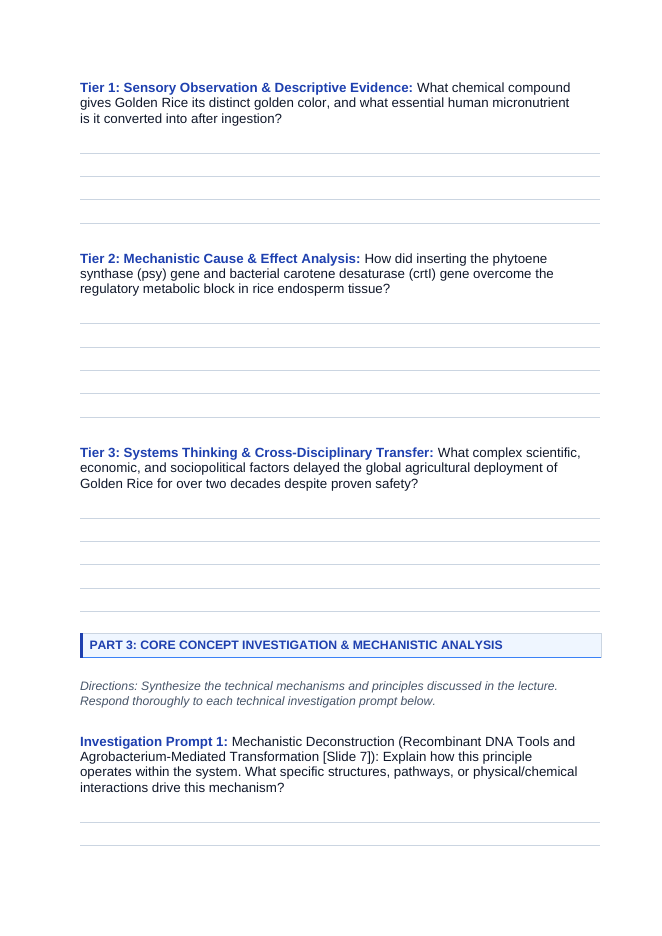 Biotechnology & Agronomy Applications Phenomena-Based Lesson: The Golden Grain: Engineering Metabolic Pathways to Save Sight Student Response Sheet sample page