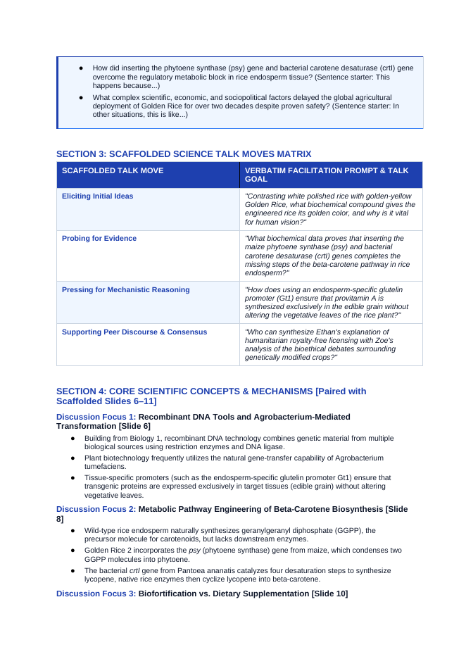Biotechnology & Agronomy Applications Scaffolded Phenomena-Based Lesson: The Golden Grain: Engineering Metabolic Pathways to Save Sight Teacher Discussion Guide sample page
