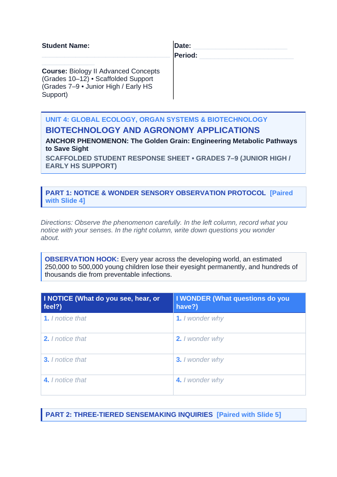 Biotechnology & Agronomy Applications Scaffolded Phenomena-Based Lesson: The Golden Grain: Engineering Metabolic Pathways to Save Sight Student Response Sheet sample page