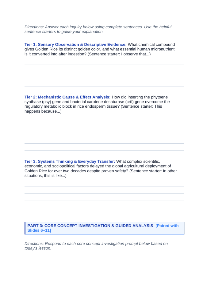 Biotechnology & Agronomy Applications Scaffolded Phenomena-Based Lesson: The Golden Grain: Engineering Metabolic Pathways to Save Sight Student Response Sheet sample page