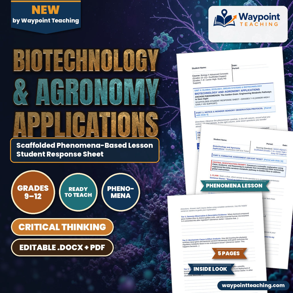 Biotechnology & Agronomy Applications Scaffolded Phenomena-Based Lesson: The Golden Grain: Engineering Metabolic Pathways to Save Sight Student Response Sheet cover