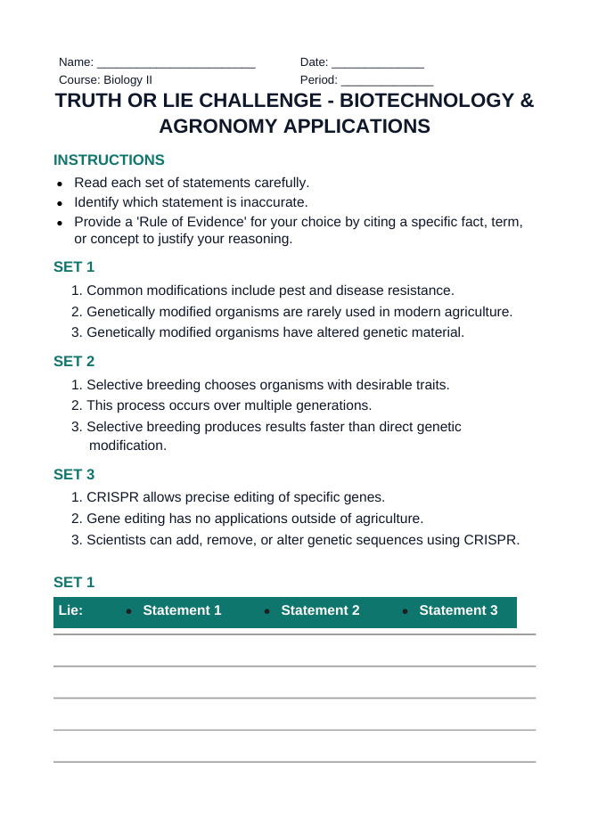 Biotechnology & Agronomy Applications Truth or Lie Challenge sample page