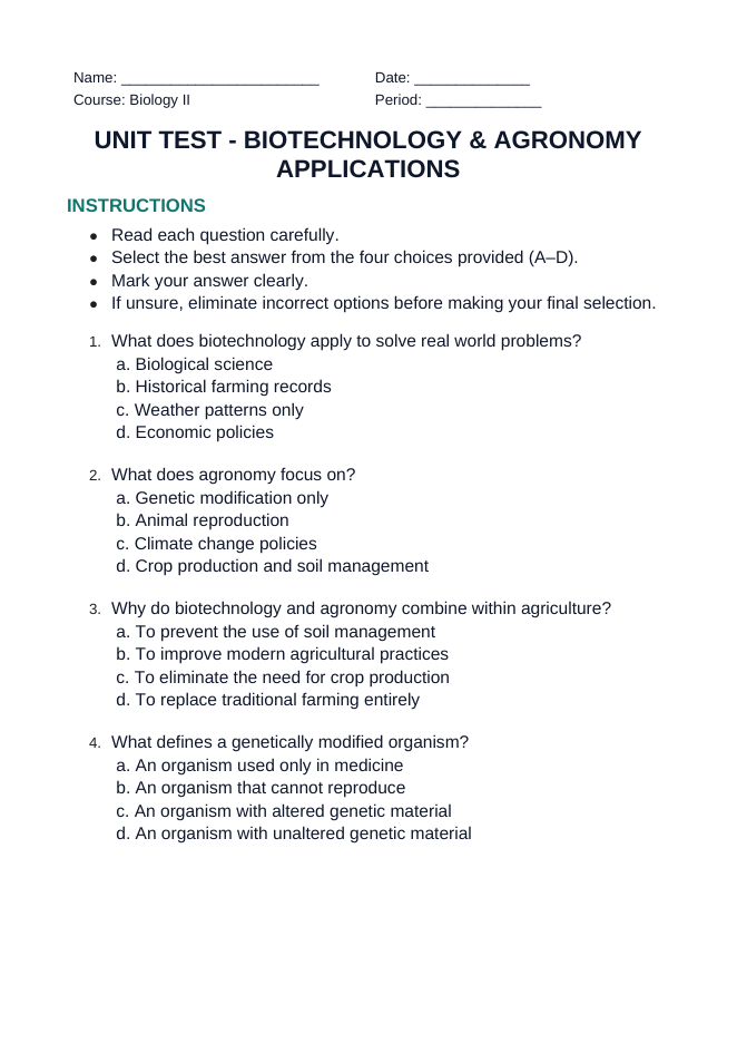 Biotechnology & Agronomy Applications Unit Test sample page