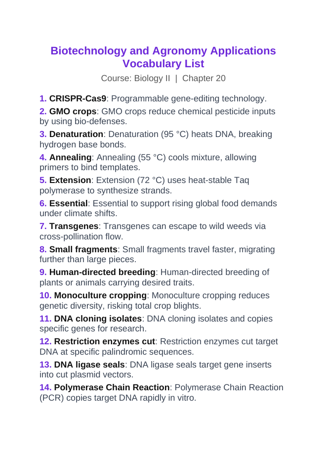 Biotechnology & Agronomy Applications Vocabulary Words & Definitions sample page