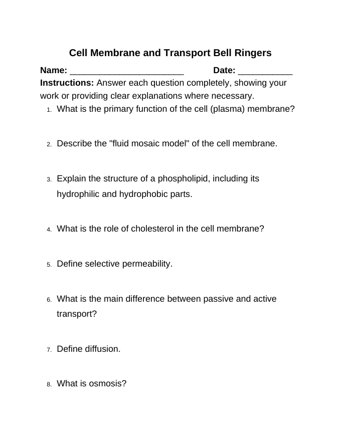 Cell Membrane & Transport Bell Ringers & Exit Tickets sample page