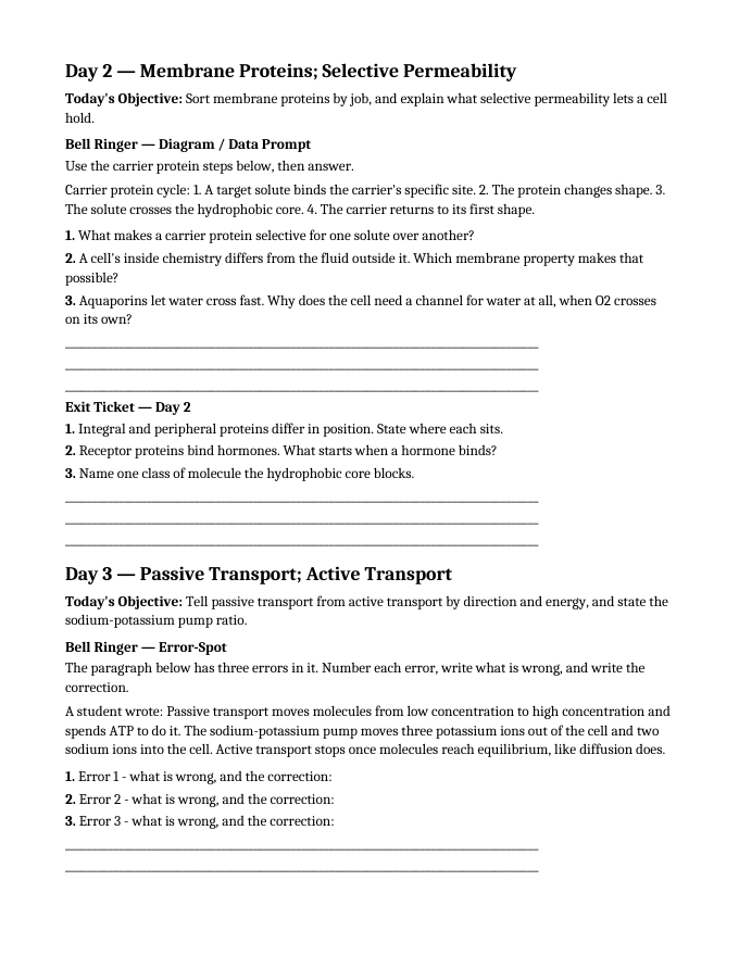 Cell Membrane & Transport Bell Ringers & Exit Tickets sample page