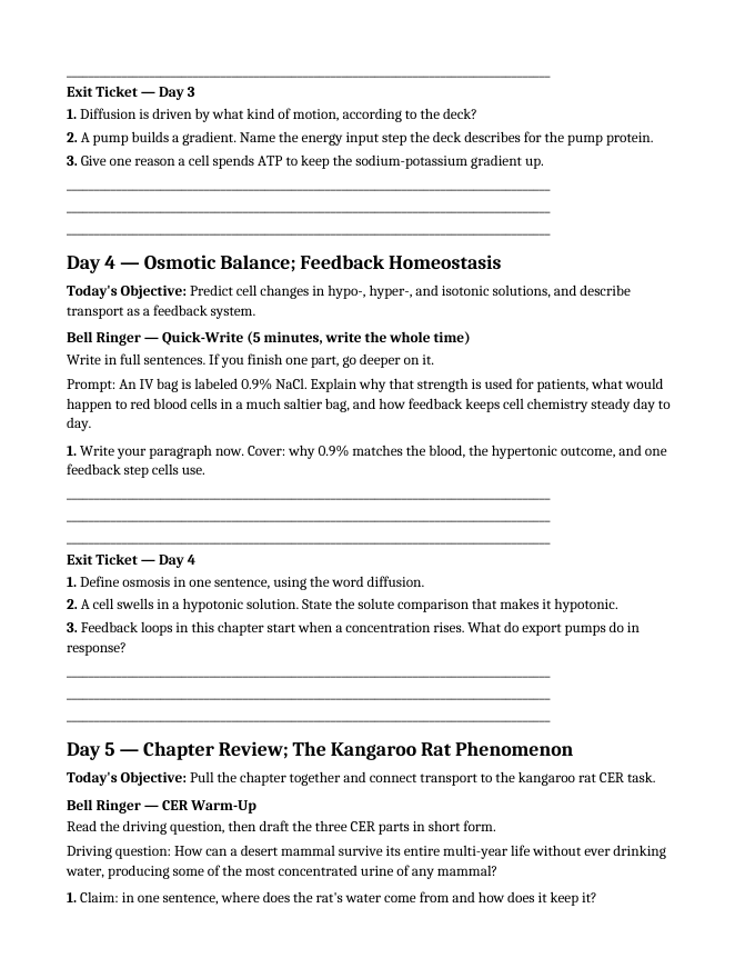 Cell Membrane & Transport Bell Ringers & Exit Tickets sample page