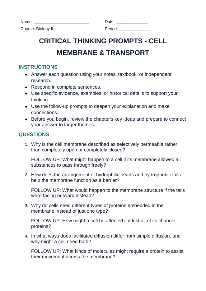 Cell Membrane & Transport Critical Thinking Prompts sample page