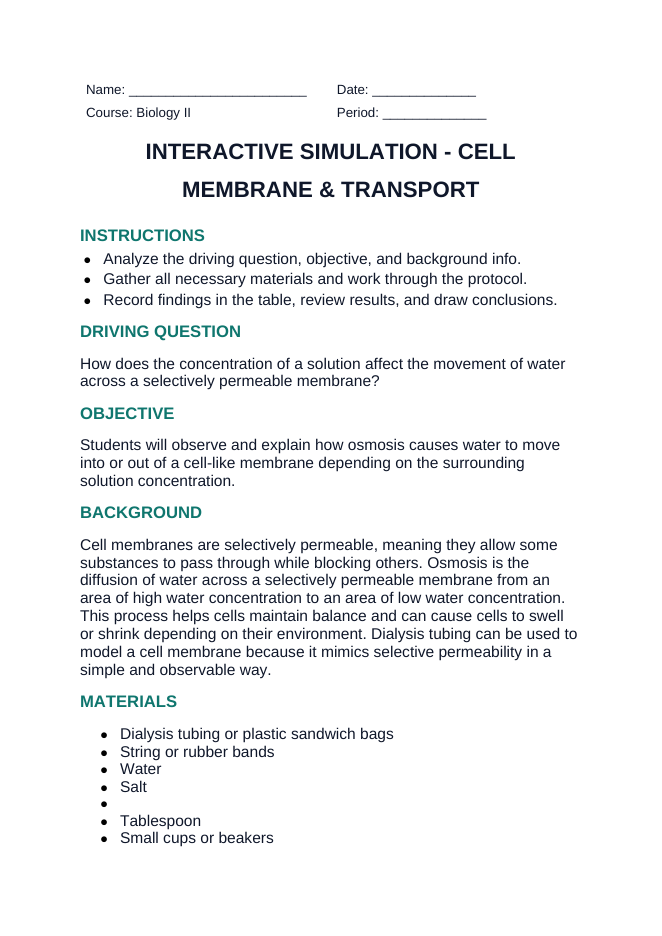 Cell Membrane & Transport Interactive Simulation sample page
