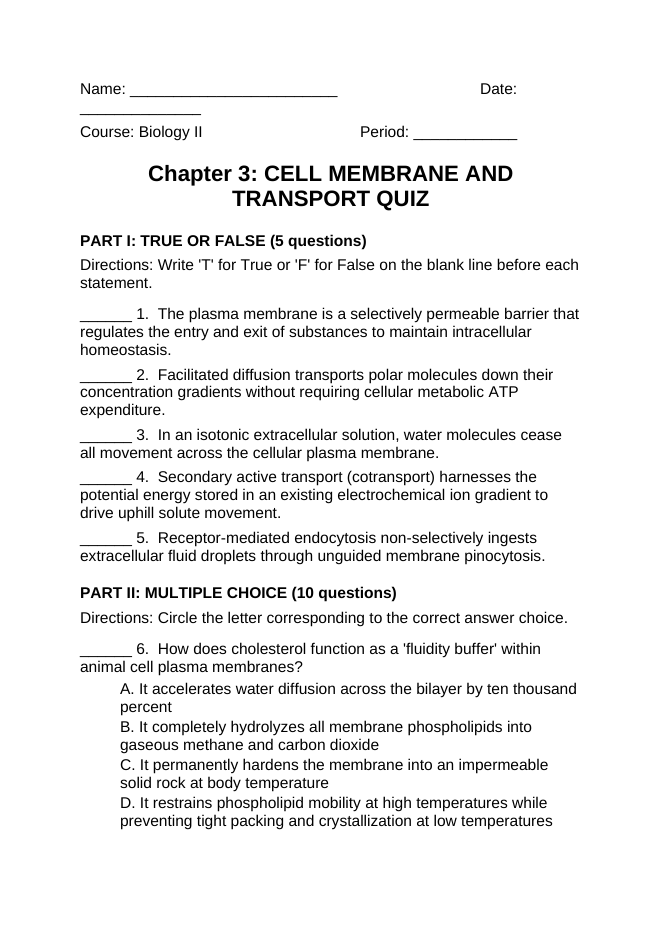 Cell Membrane & Transport Lesson Quiz sample page