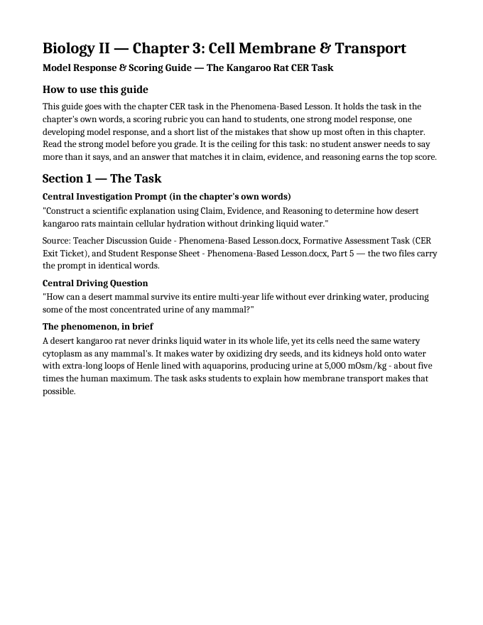 Cell Membrane & Transport Model Response & Scoring Guide sample page