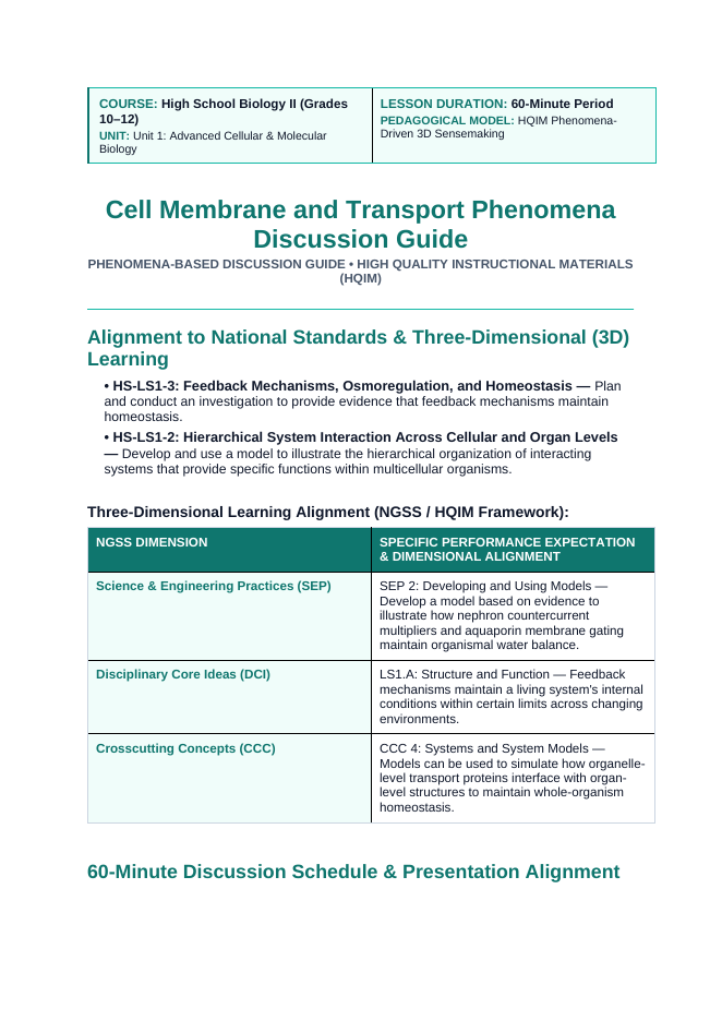 Cell Membrane & Transport Phenomena-Based Lesson: The Animal That Never Drinks: Kangaroo Rat Hyper-Concentrated Urine Teacher Discussion Guide sample page