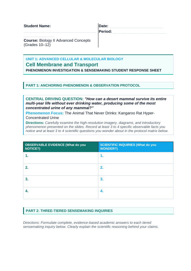 Cell Membrane & Transport Phenomena-Based Lesson: The Animal That Never Drinks: Kangaroo Rat Hyper-Concentrated Urine Student Response Sheet sample page