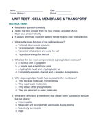 Cell Membrane & Transport Unit Test sample page