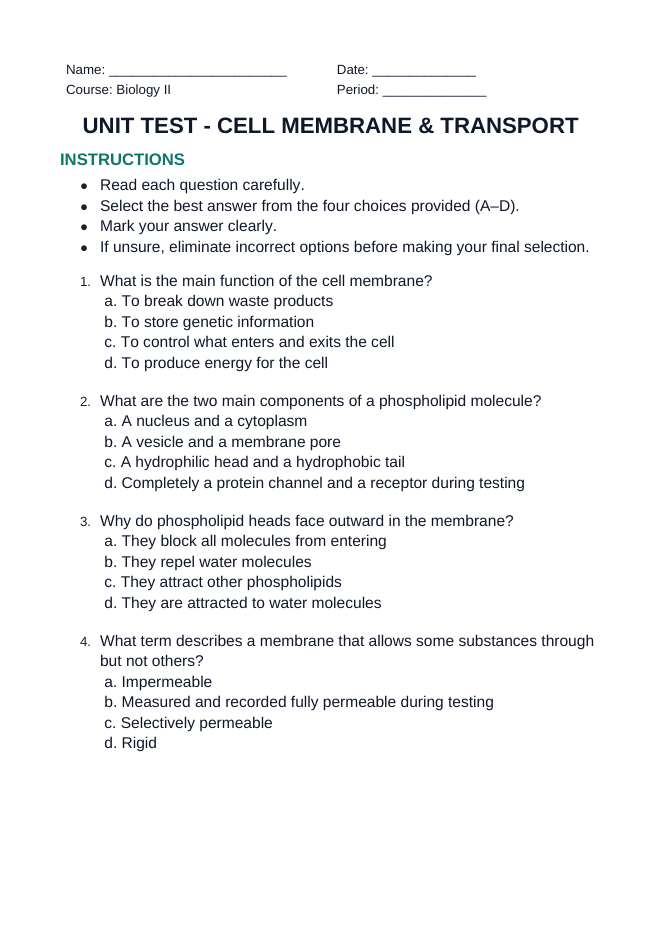 Cell Membrane & Transport Unit Test sample page