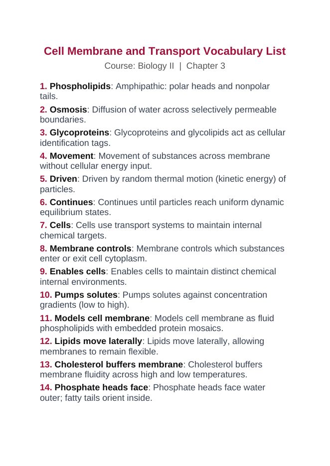 Cell Membrane & Transport Vocabulary Words & Definitions sample page