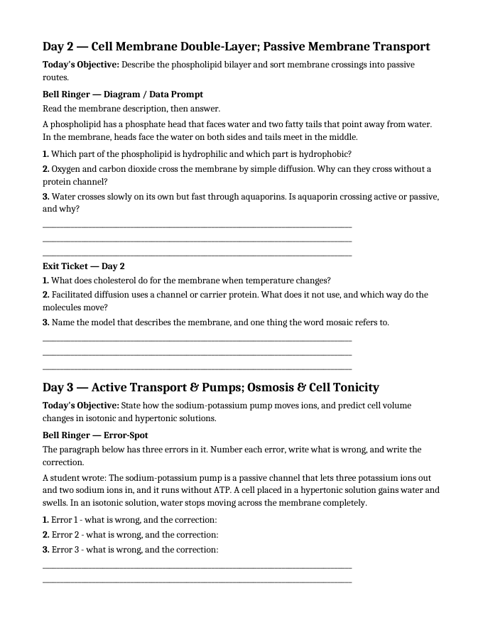Cellular Anatomy & Physiology Bell Ringers & Exit Tickets sample page
