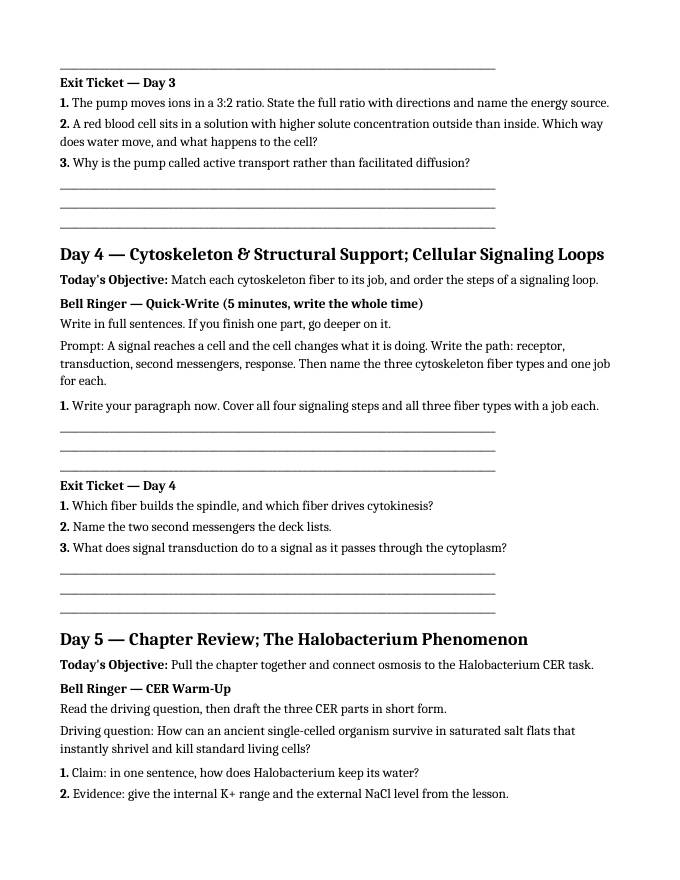 Cellular Anatomy & Physiology Bell Ringers & Exit Tickets sample page