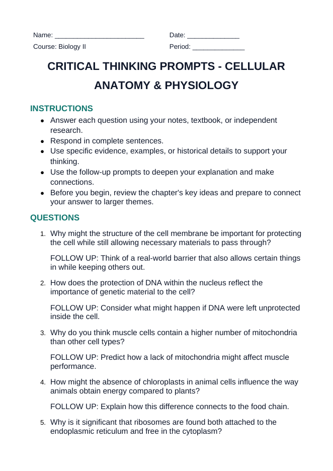 Cellular Anatomy & Physiology Critical Thinking Prompts sample page