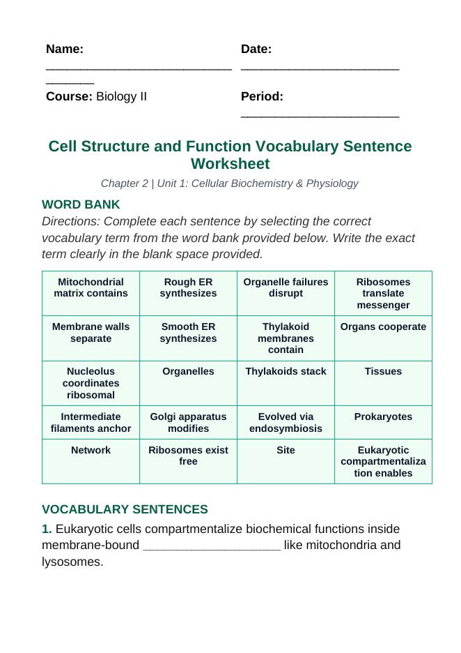 Cellular Anatomy & Physiology Fill-in-the-Blank Vocabulary Worksheet sample page
