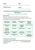 Cellular Anatomy & Physiology Fill-in-the-Blank Vocabulary Worksheet sample page